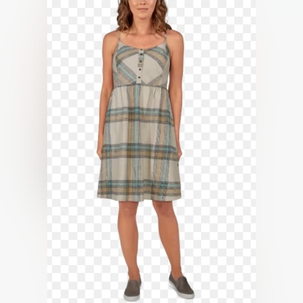 Bob Timberlake Tan Cream Teal Plaid 100% Cotton Dress